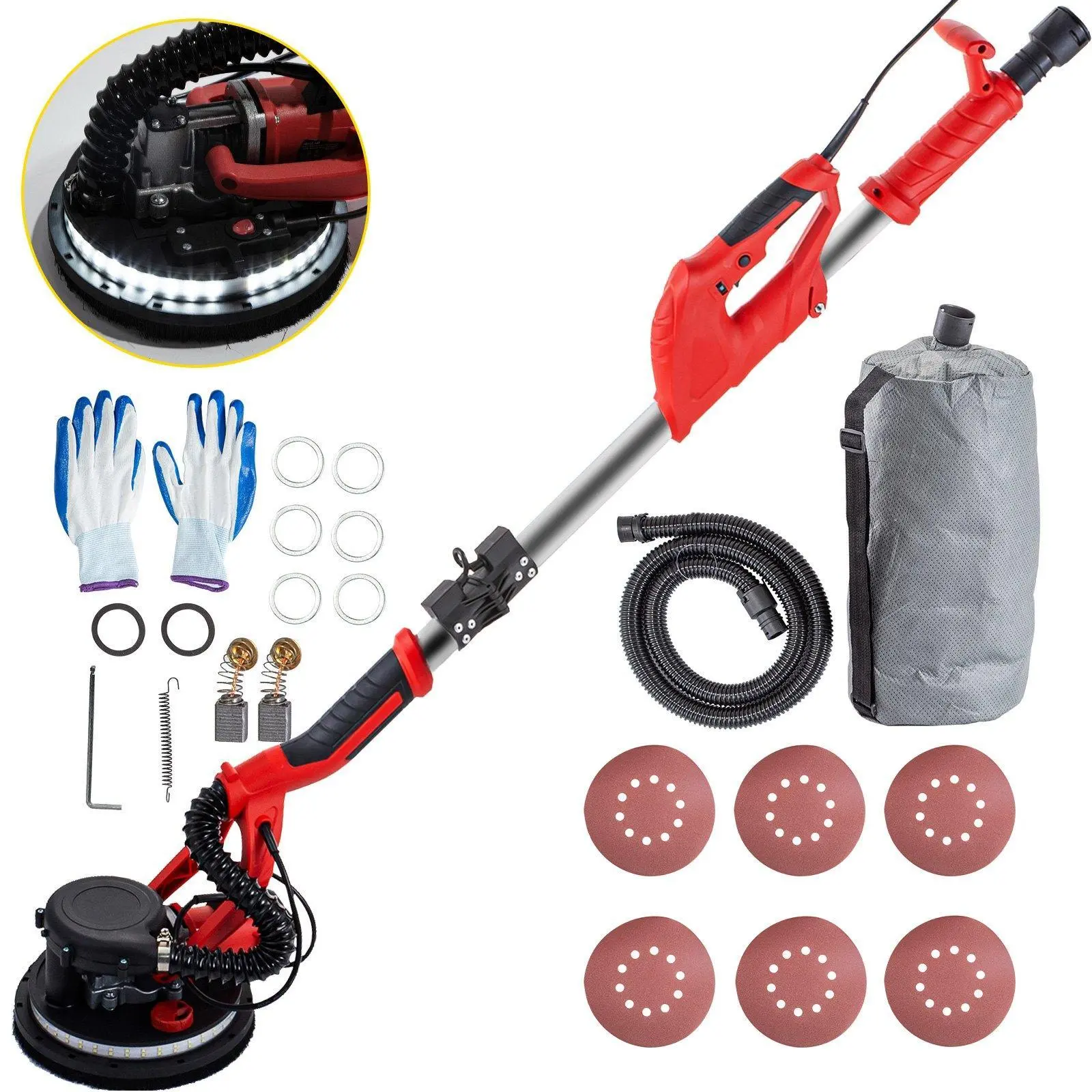 【Summerfinds】VEVOR Drywall Sander - Variable Speed Hardware Power Tool, Foldable Sheetrock Sander with Telescopic Handle, LED Strip Light, Vacuum Bag, Gloves for DIY Projects, Heavy-Duty Plastic Components, None Dust Leakage Design