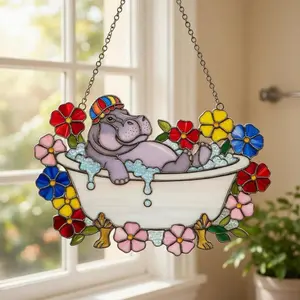 Hippo Bathtub Suncatcher, Stained Glass Style Acrylic Window Décor