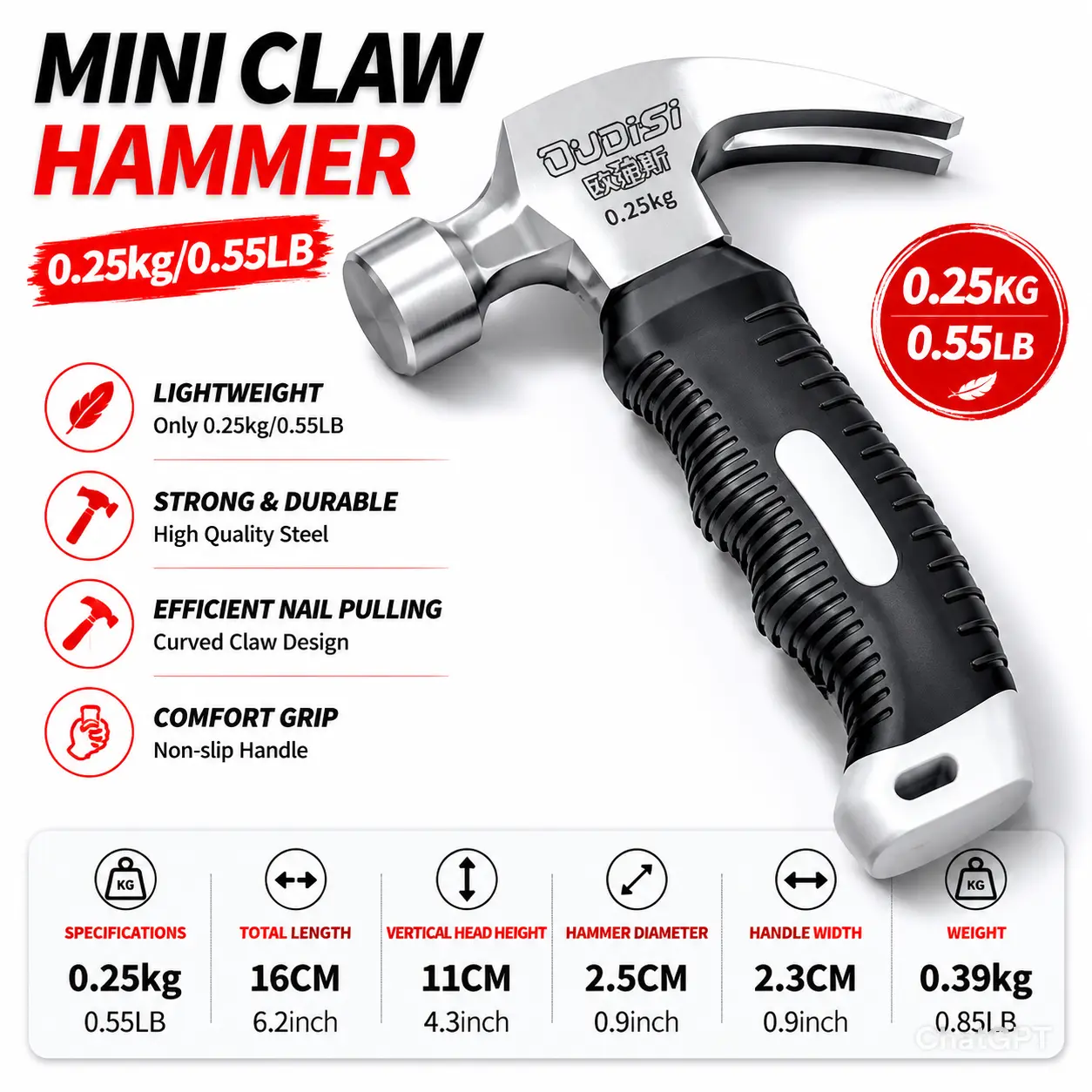 8.82 oz Mini Hammer - Heavy-Duty Iron Structure, Ergonomic Non-Slip Plastic Handle, Compact Portable Hand Tool for Carpentry Work, Nailing Tasks