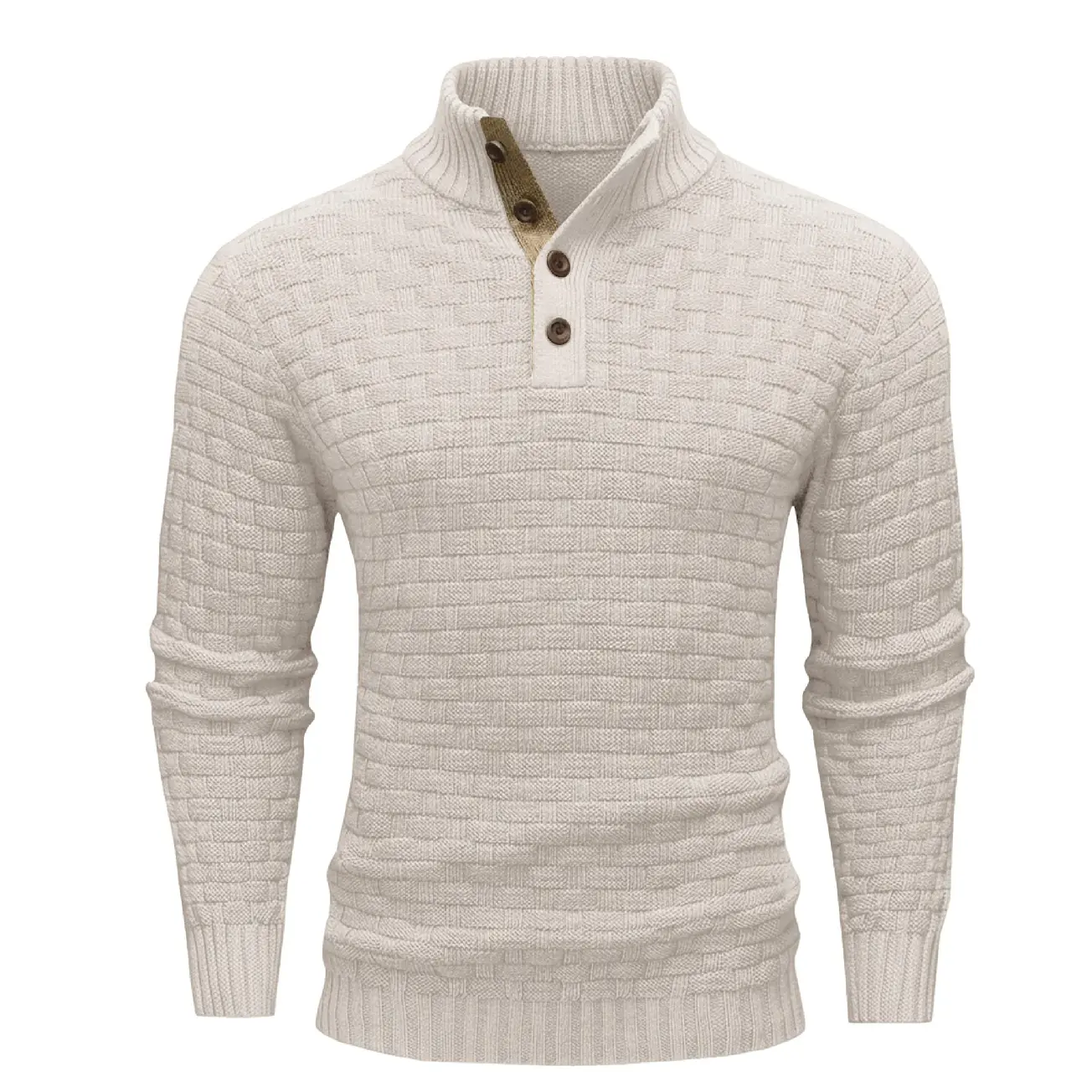 Men’s Polyester Waffle Knit Half-Zip + Button Front Pullover Sweater, Long-Sleeve Textured Casual Top with Ribbed Cuffs, Hand Wash Only for Autumn-Winter Layering, Elegant, Adjustable Fit, Front Buttons, Knitwear, Textured Knitted