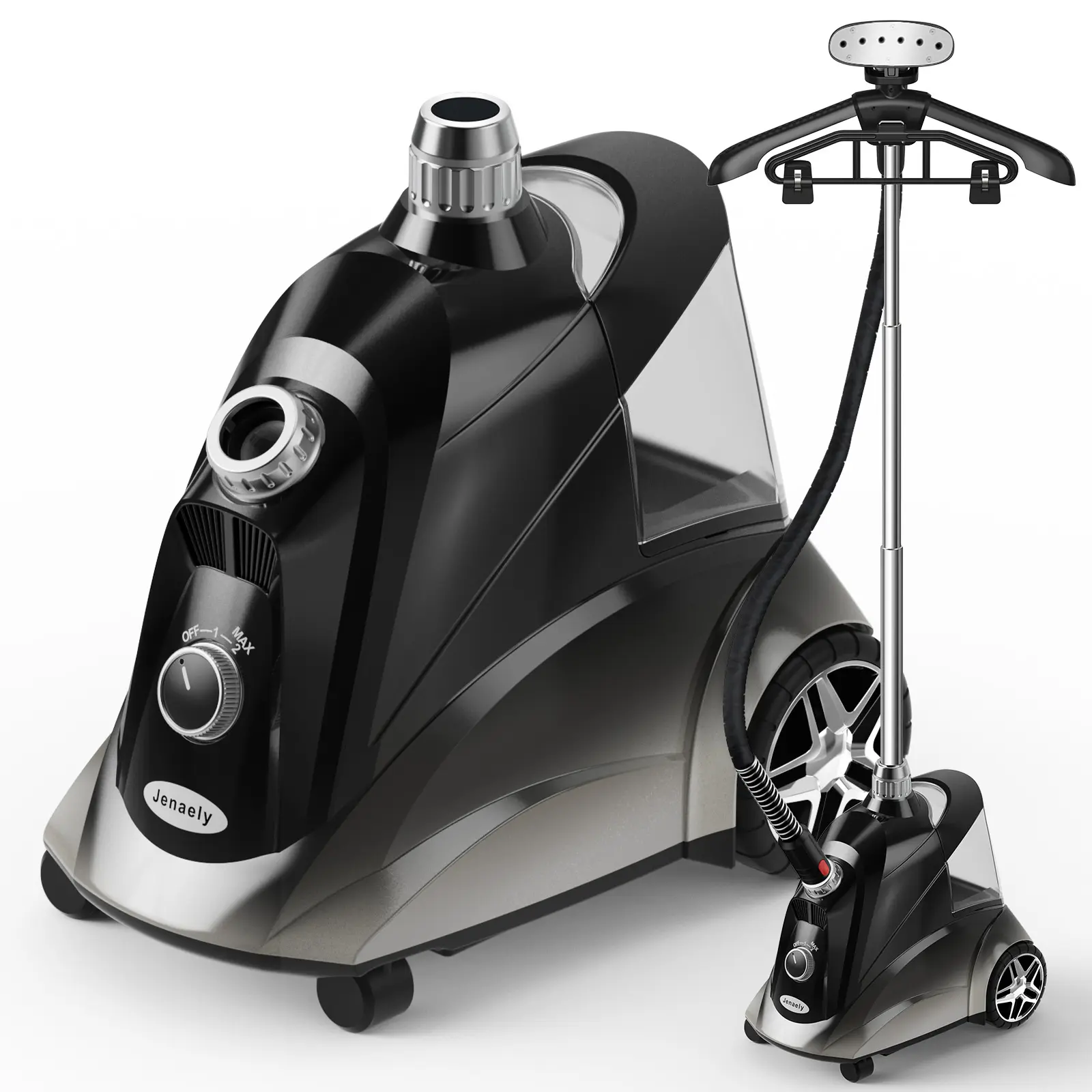 Steamer for Clothes, Jenaely 1500W Standing Garment Steamers, 35s Fast Heat-up, 80 Mins of Continuous Powerful Steam with 2.8L Water Tank, Pants Clip & Children's Clothing Hanger