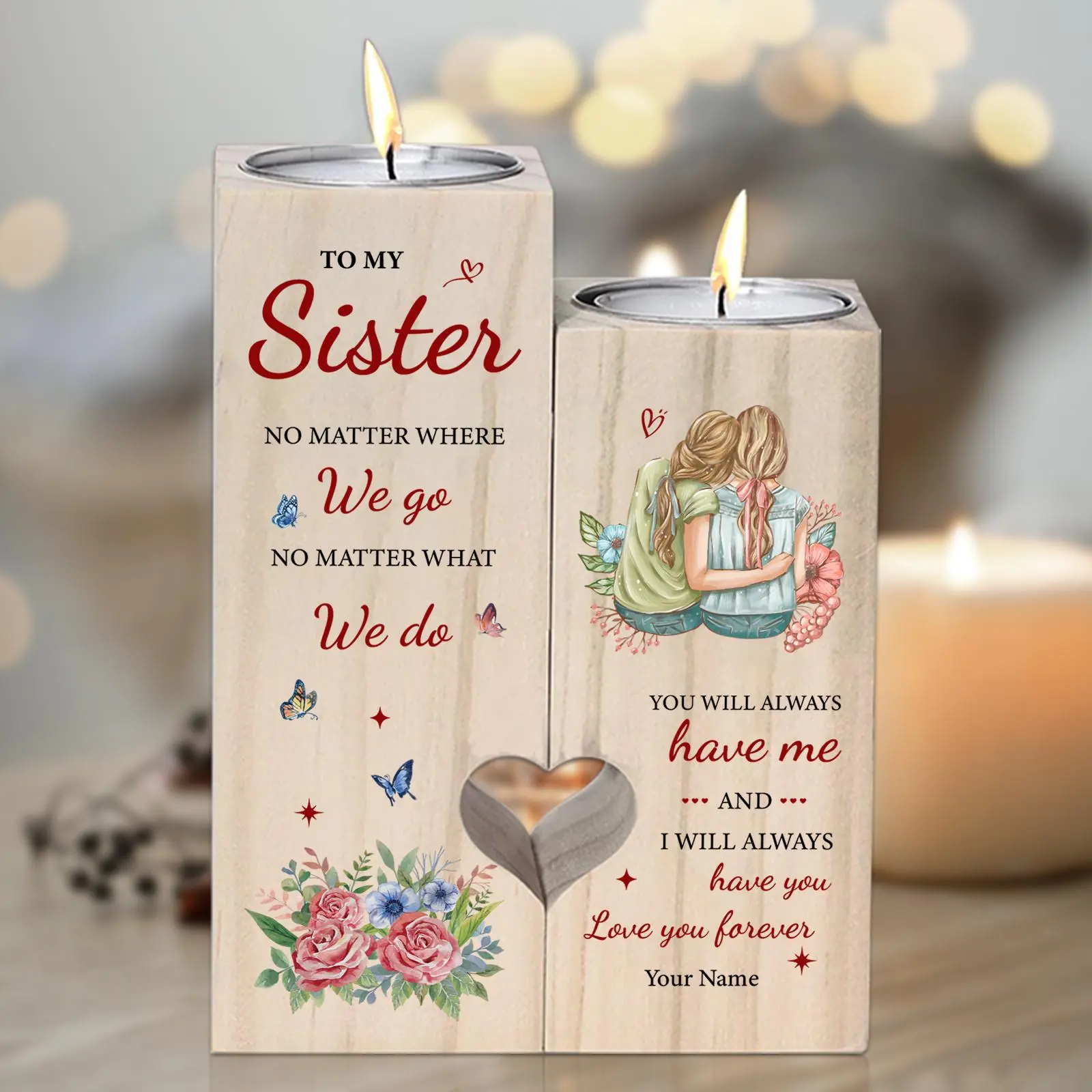 EastJia 2pcs Heart Wooden Tea Light Candle Holder Set - Custom Name, Sister Memorial Gift for Birthday, Room Centerpiece, Home Decor & Supplies