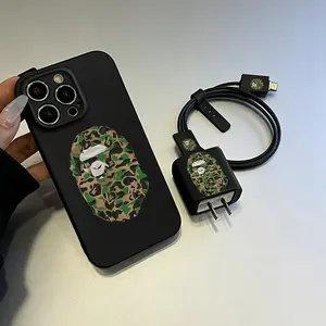 5-Piece Set Eye-Catching Camouflage Ape Head Phone Case Charger Cover + Cable Protector + Storage Rope, Anti-Drop Protective Soft Tpu for iPhone