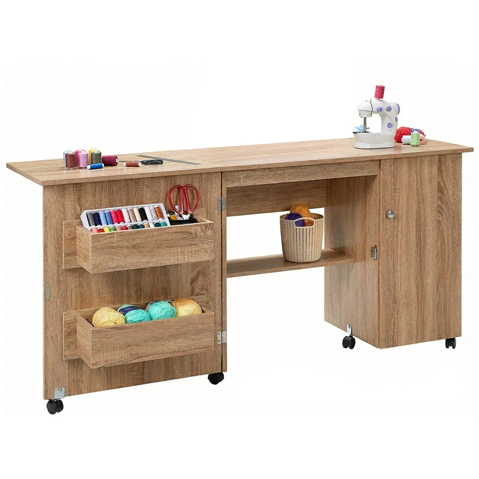 Folding Sewing Table 63 x 19 x 29.5 Inch, Large Sewing Machine Table with Storage Shelves, Lockable Wheels & Magnetic Doors, Multipurpose Craft Station with Compact Design