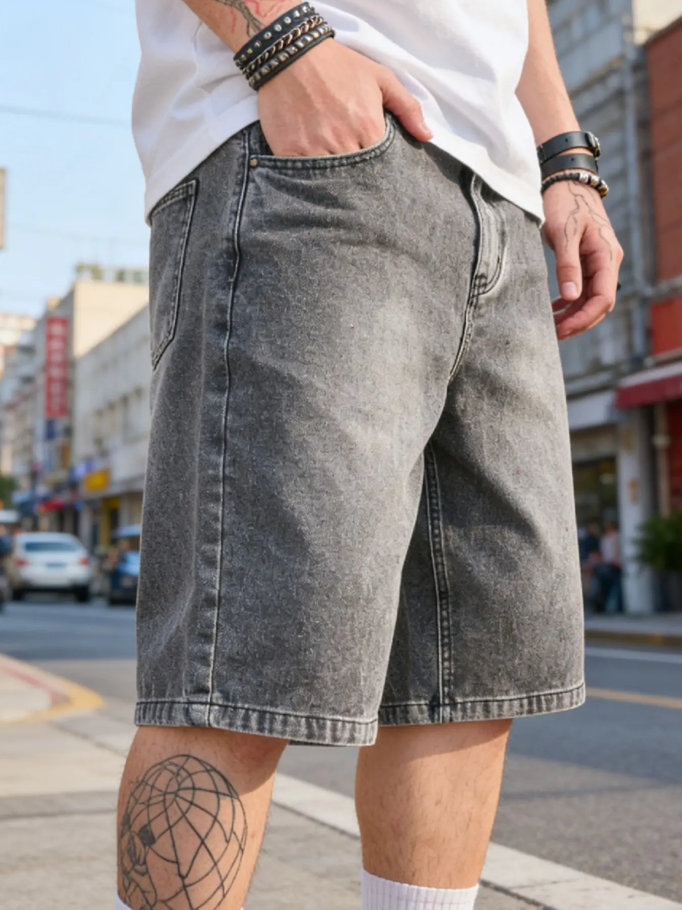 Men's Fashion Casual Streetwear Denim Shorts, Loose Fit Straight Leg Sport Pants, Simple Half-Length Jeans, Stylish Summer Wear