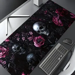 Gothic Skull Pink Floral Design Large Gaming Mouse Pad,Aesthetic Desktop Drotection Pad,Washable Rubber Pad Non-Slip Lock Edge Multi-Size Mouse Pad Suitable For Home Office Desk Accessory,Good Gift for Family and friends