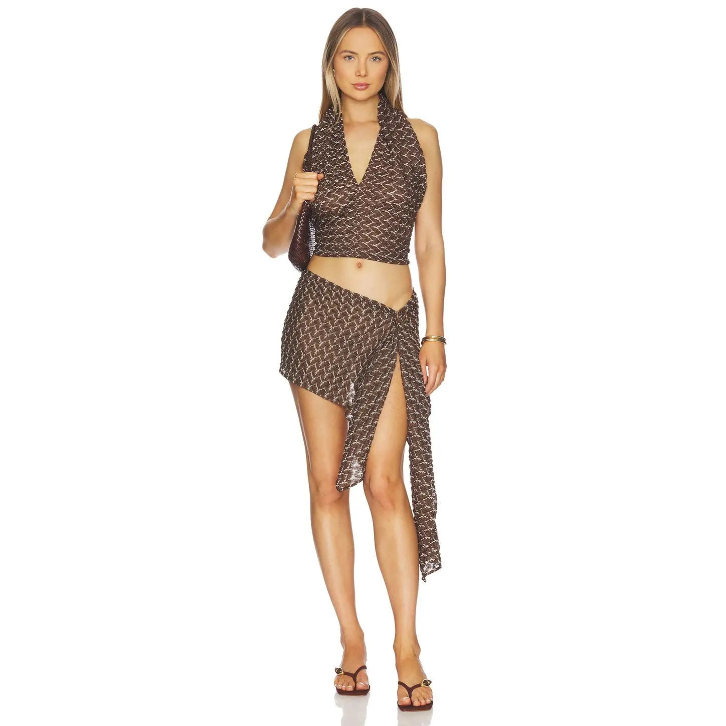 HANNE BLOCH Knit Scarf Top And Skirt Set Brown