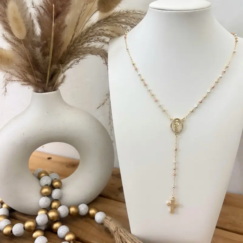 Tri-Color Gold Plated 18K San Judas Rosary Necklace with Elegant Beads and Cross Pendant