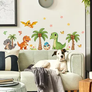 1 Pc 30×60cm Cute Cartoon Dinosaur Decorative Wall Sticker (T-Rex, Pterosaur & Palm Tree) Decoration Sticker for Living Room, Bedroom & Kids Room Home Decor Decorative Stickers