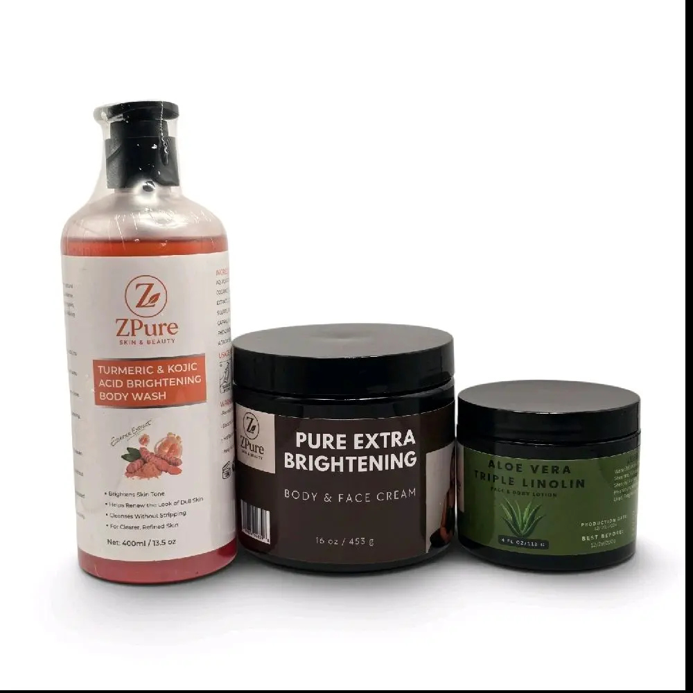 3-Piece Adult Skin Care Set - 16 oz Brightening Moisturizing Body Cream, 4 oz Aloe Triple Lanolin Lotion, 13.05 oz Turmeric Kojic Cleanser, Anti-Aging Skin Repair, Smooth Radiance Boost, Cosmetic Beauty Gift Set Body  Radiant