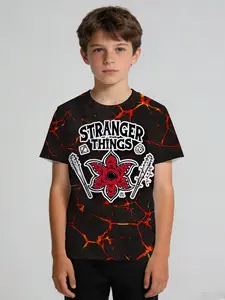 Boys' Summer Creative T-Shirt: Stranger Things IP, black base with red-orange crack texture, "STRANGER THINGS" + red flower monster print, dark TV trendy, soft breathable, casual versatile top/gift, Graphic Print Tee, Graphic Printed Shirt