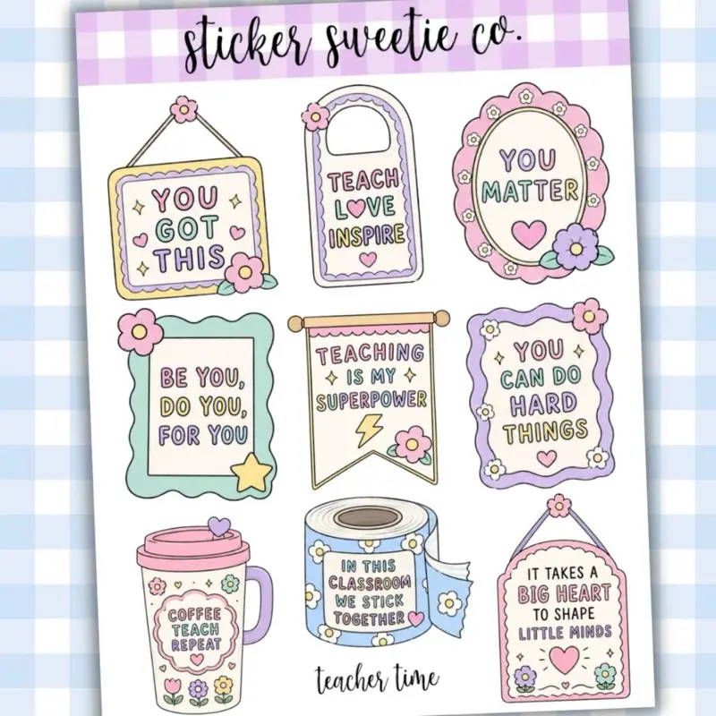 Teacher Life Sticker Sheet, Pastel Kawaii School Sayings Stickers for Teachers
