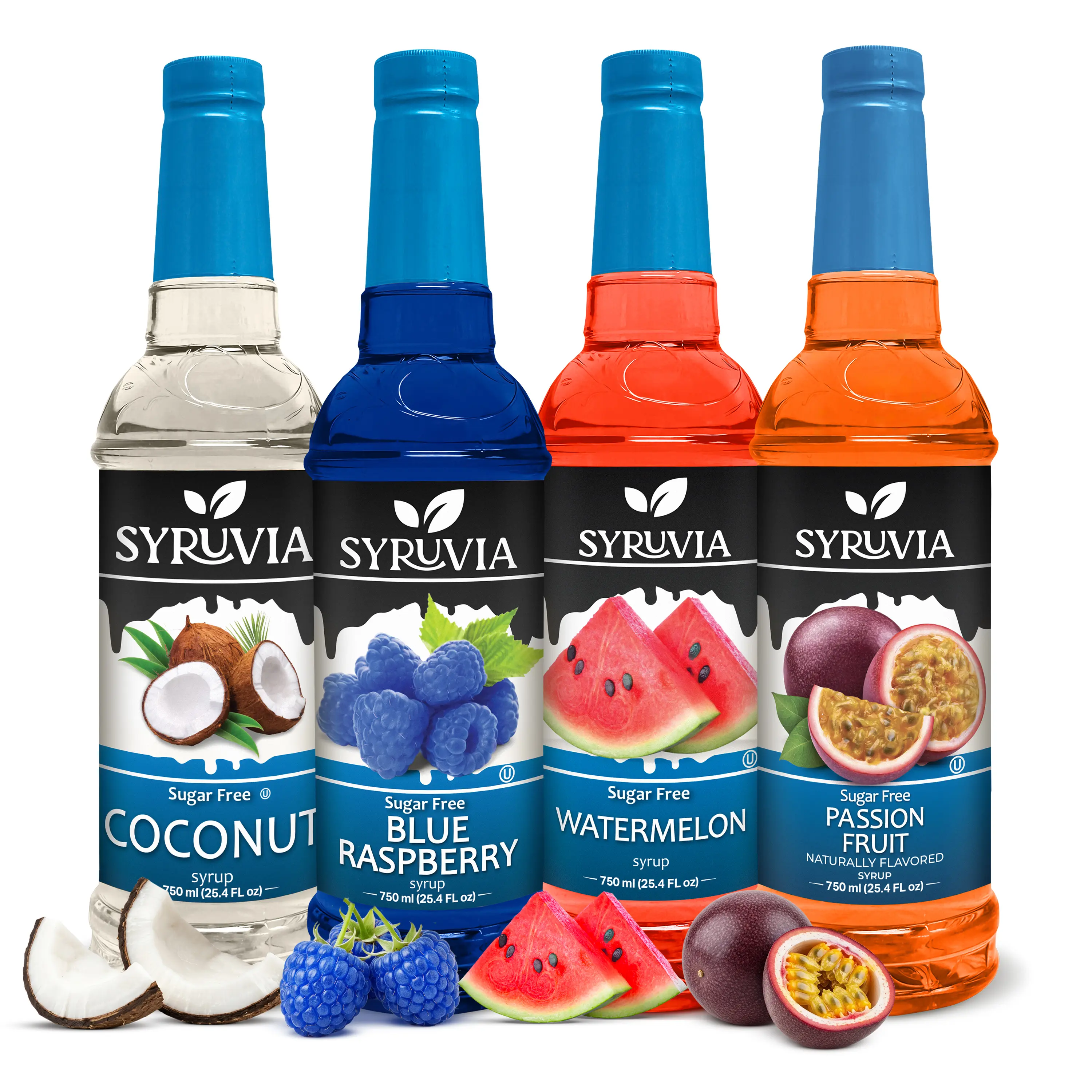 Syruvia Sugar Free Syrup Variety Pack - Coconut, Blue Raspberry, Watermelon & Passion Fruit - Gluten-Free, Kosher, 25.4 fl oz Bottles - For Teas, Sodas, Lemonades & More (4-Pack)