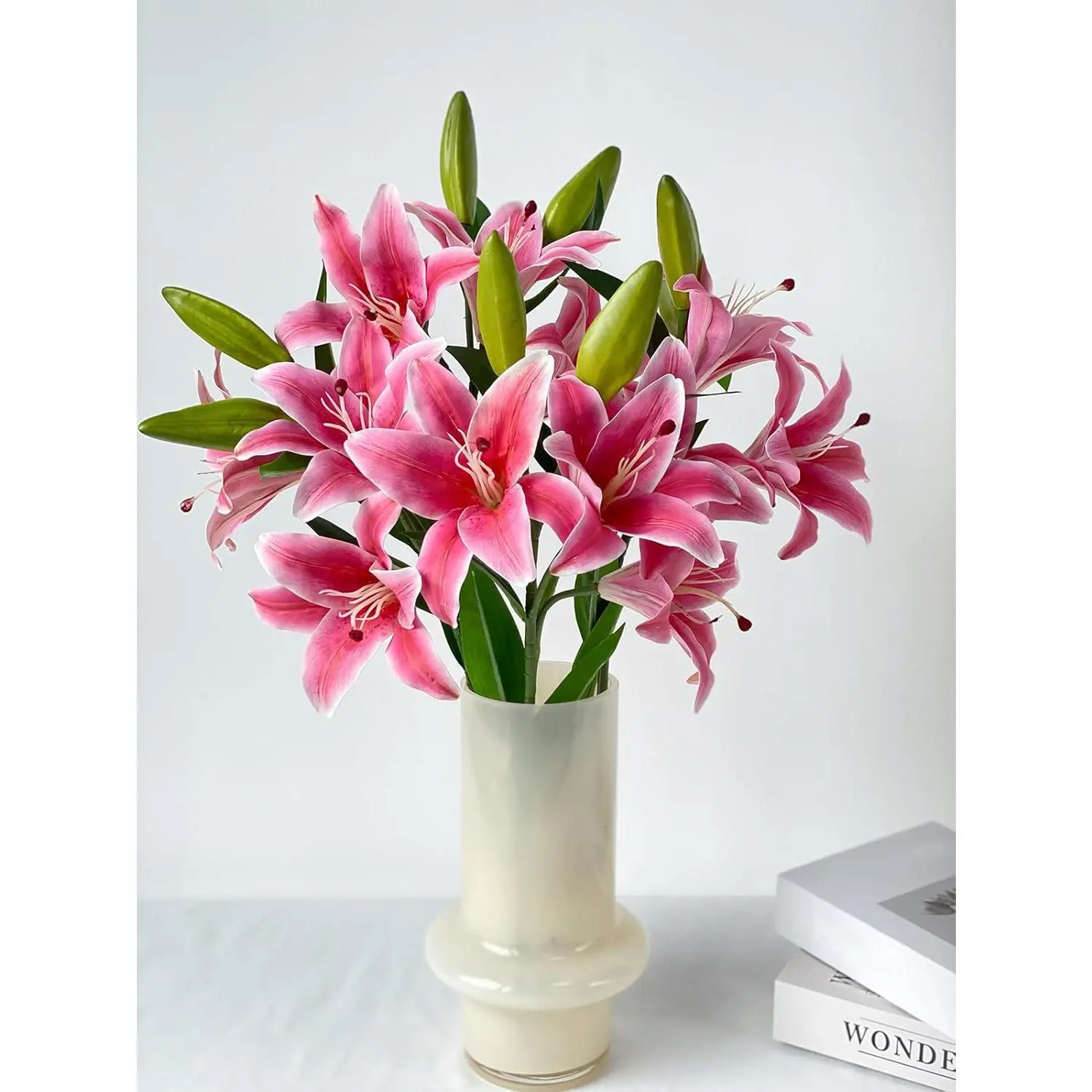 YalzoneMet RUZUQE 2 Pcs 28'' Deep Pink Lily Artificial Flowers Fake Real Touch Lilies 3 Heads Buds Faux Flora for Indoor Home Decor Outdoor Party Easter Lily Flower Table Centerpiece