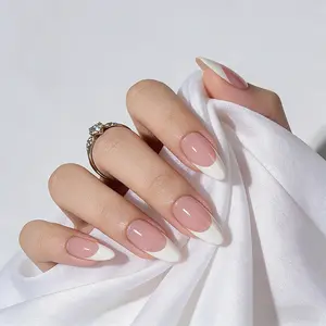 360 pieces of nude powder French-style white-edge almond-shaped artificial nails with detachable shiny fake nails, covering the entire surface with natural nude color luster and texture. Suitable for various occasions. medium press soft glossy summer pink