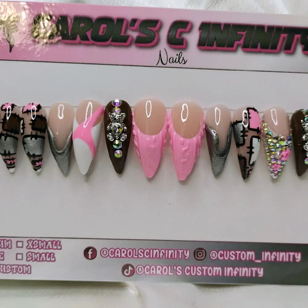 Curve Stiletto Nails Handmade Press On with Rhinestones and Unique Designs for Stylish Manicures