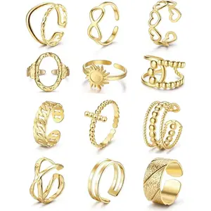 FINREZIO 12 Pcs Stainless Steel Women's Ring Set Adjustable Retro Vintage Style Stackable Phalange Rings in Silver/Gold Stylish and Versatile Accessories for Everyday Wear