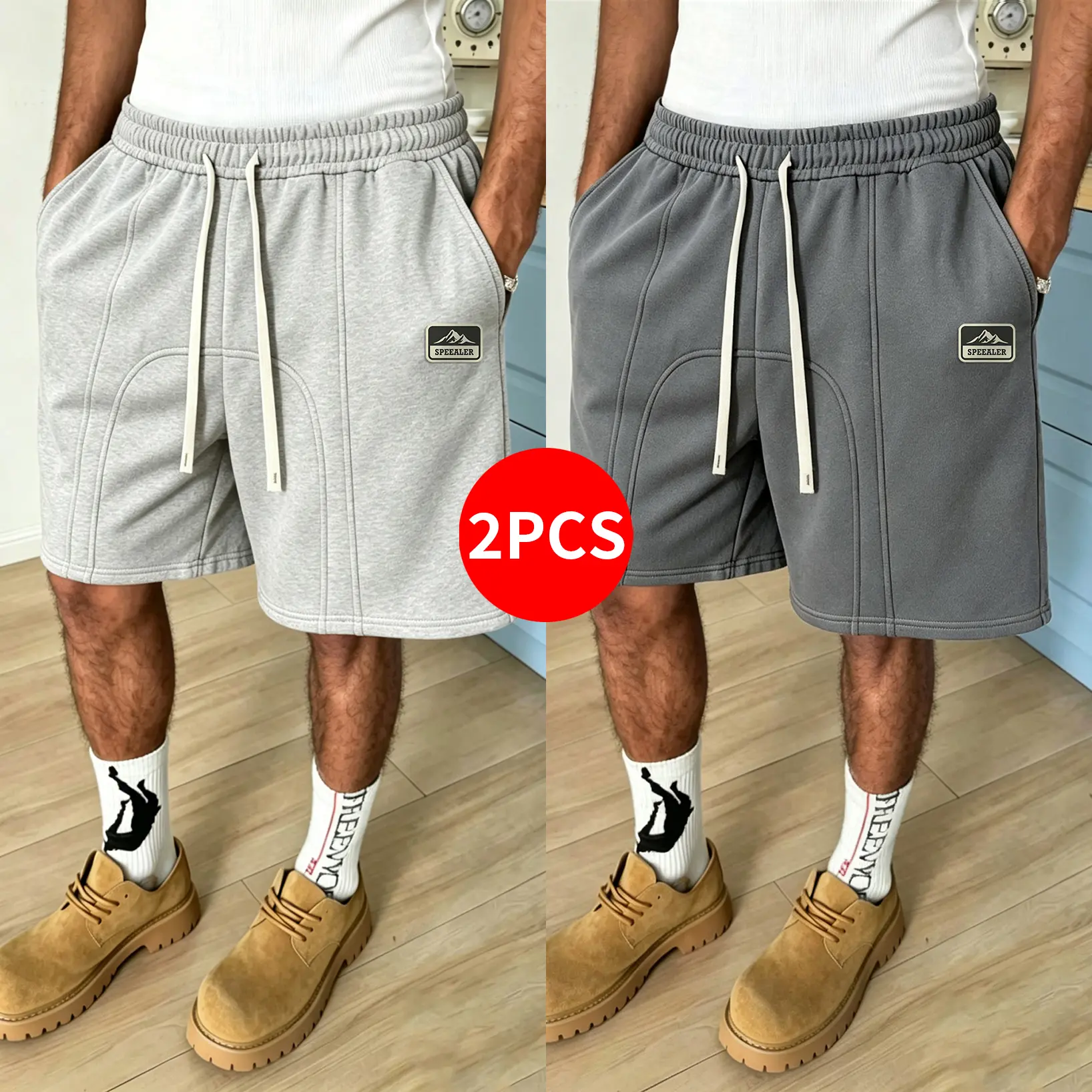 2 pcs style knit shorts for men, loose fit, plus sizes, athletic Bermuda shorts, solid color with drawstring waist, casual bottoms suitable for streetwear, travel, home wear, and everyday wear Menswearcs