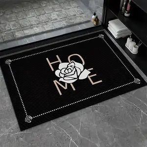 1 Piece Bathroom Floor Mats with Floral Patterns on a Black Background - Non-Slip and Absorbent Designs for Children's Showers, kitchen, laundry room, Restroom, easy to clean Decorative home decor accessory, fun bathroom decor, polyester bathroom rug