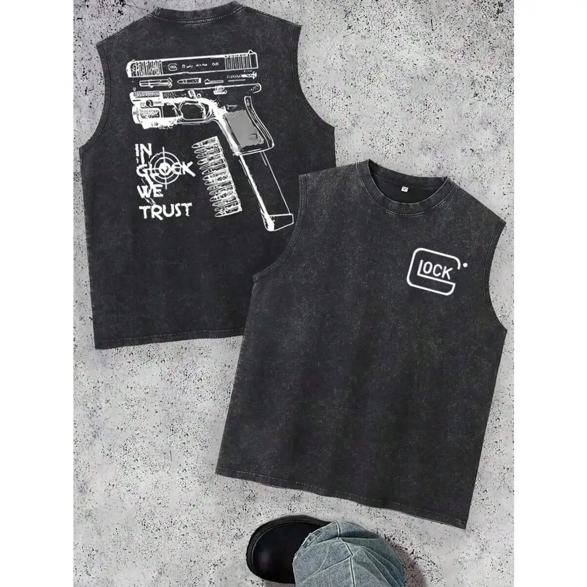 Retro Washed Black Sleeveless Tank Top | Vintage Industrial Line Art Graphic Vest | Heavy Cotton Casual Crew Neck Streetwear Top for Men & Women | Ideal Gym Wear & Summer Outfits Breathable Minimalist