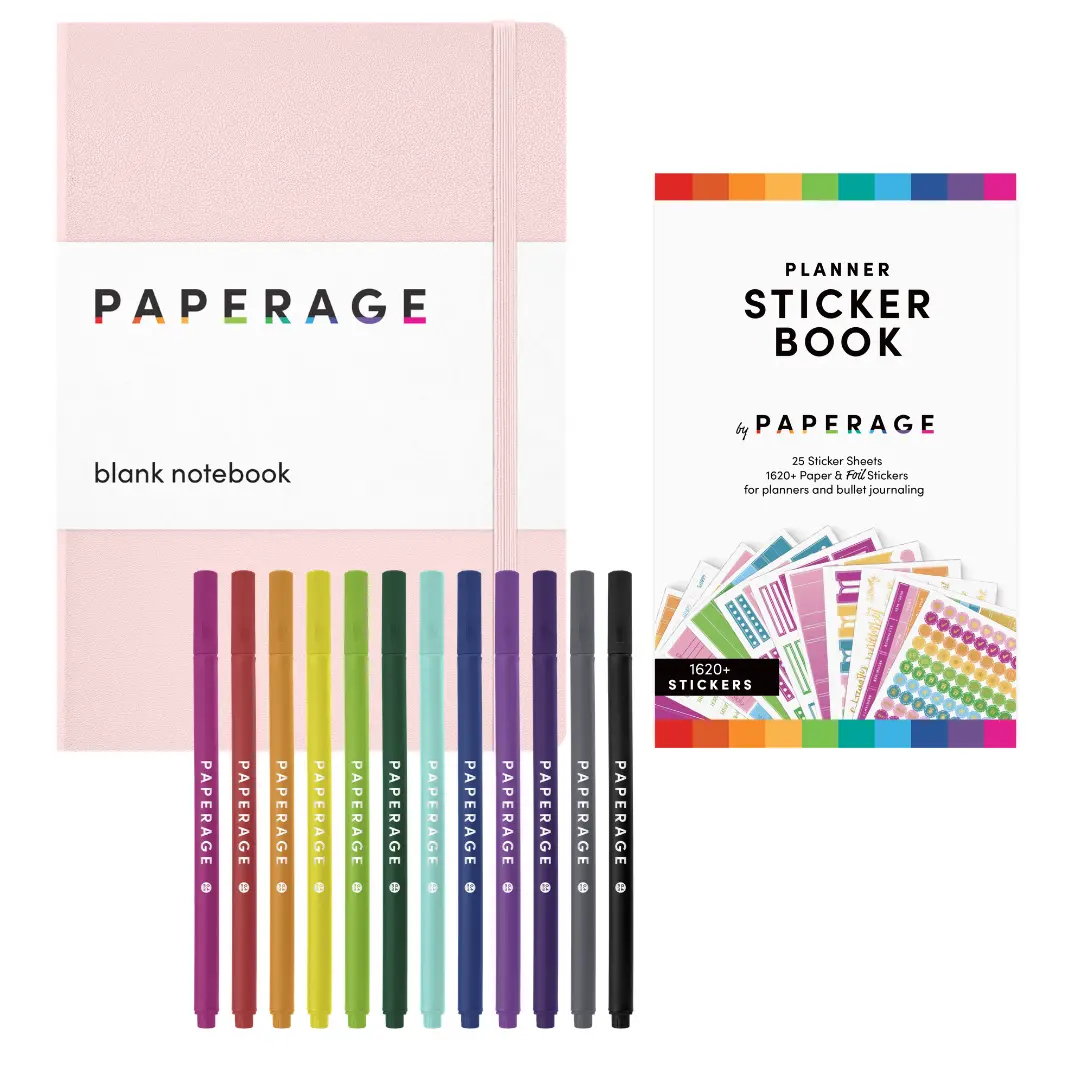PAPERAGE Creative Office Stationery Bundle - Blank Journal, Plain & Colored 0.4mm Felt Tip Pens, Planner Stickers (Customizable Journaling Kit)