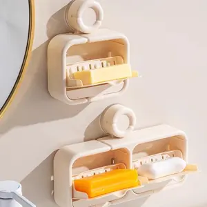 Wall-Mounted Soap Holder with Suction Cup Lid, No-Drill Dual Drainage Storage, Bathroom Soap Box, Hanging Soap Dish, Bathroom Accessories