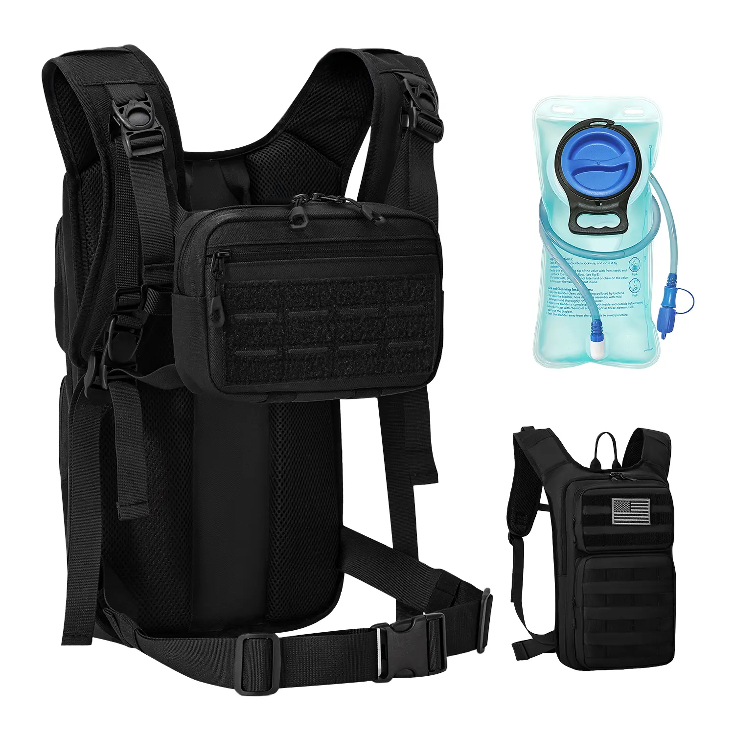 Tactical Hydration Backpack with 2L Bladder, 900D Polyester with Spacious Storage, Ergonomic Fit, Detachable Pouch & USA Flag Design for Hiking & Cycling