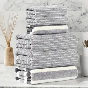 6-Piece Set: 3 Towels 3 Premium Bath Towels -  Absorbent, Quick-Drying & Soft. Perfect for Home, Beach, Outdoor Use. Ideal Holiday Gift with Modern Stripe Pattern. Stylish Beach Towels & Facial Towels for Daily, Travel & Vacation Needs
