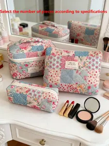 Floral Patchwork Quilted Makeup Bag Set, Cosmetic Bag, Zip Organizer with Labels, Multi-Size Storage Pouches for Travel & Daily Use, Cute Aesthetic Bags for Women & Girls