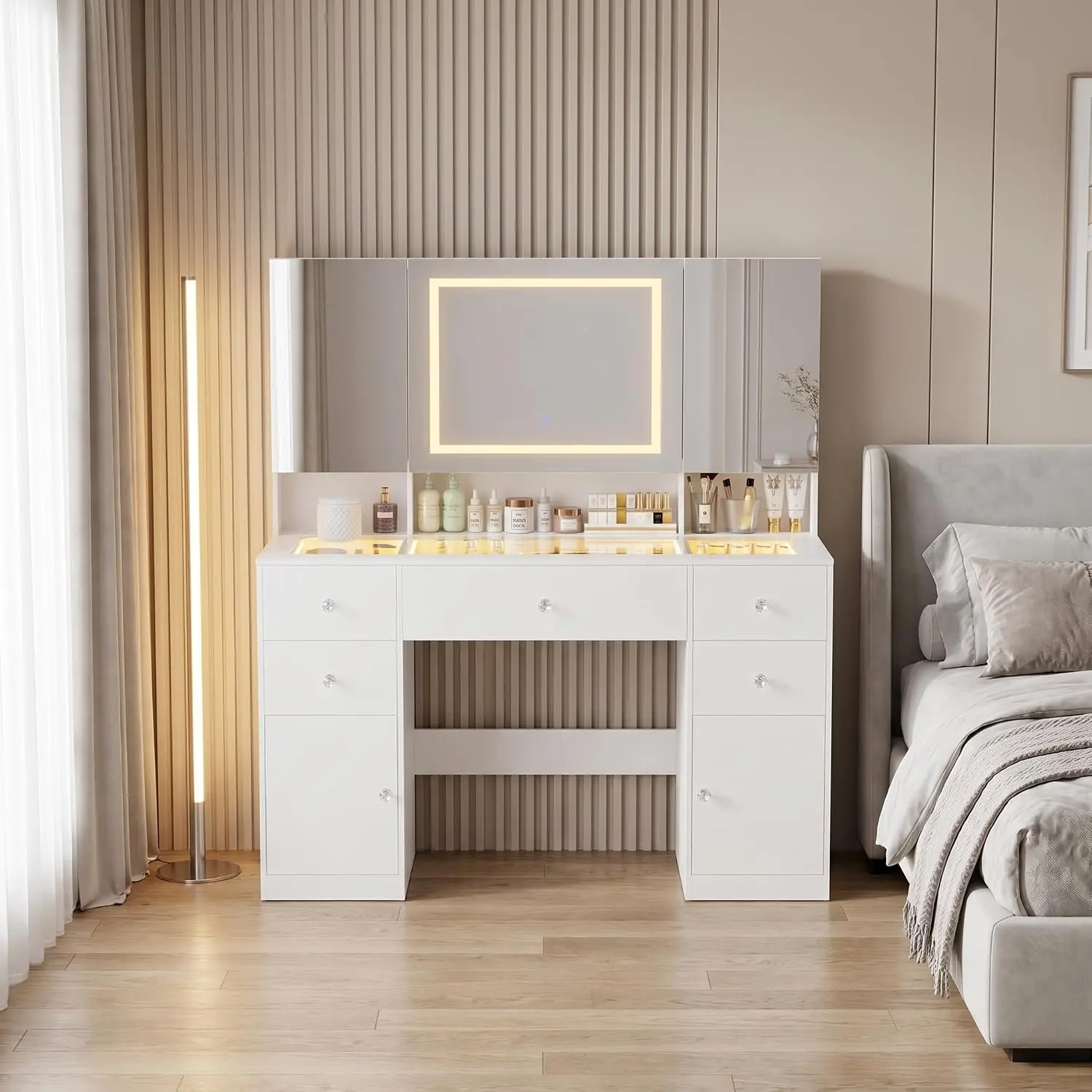 Furmax 47" Vanity Desk with LED Lighted Mirror, Makeup Vanity Table with Hidden Storage Behind Mirror, Space-Saving Dressing Table with Glass Top, 5 Drawers & 2 Cabinets, 3 Color Lighting Modes, Built-in Power Outlet & Hair Dryer Holder, White