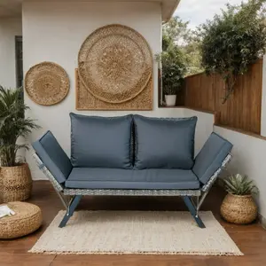55*24*31 Inch Grey Wicker Foldable Patio Bench with Dark Blue Cushion, Rust Resistant Powder Coated Steel Frame Anti Slip Feet, All Weather Hand Woven Rattan Outdoor Conversation Bench for Backyard Garden Indoor Use