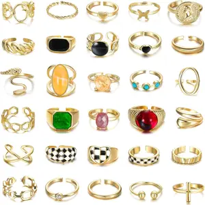 YADOCA 30Pcs 18K Plated Gold Chunky Rings for Women Chunky Twisted Signet Rings Stackable Knuckle Midi Ring Adjustable Open Ring Sets