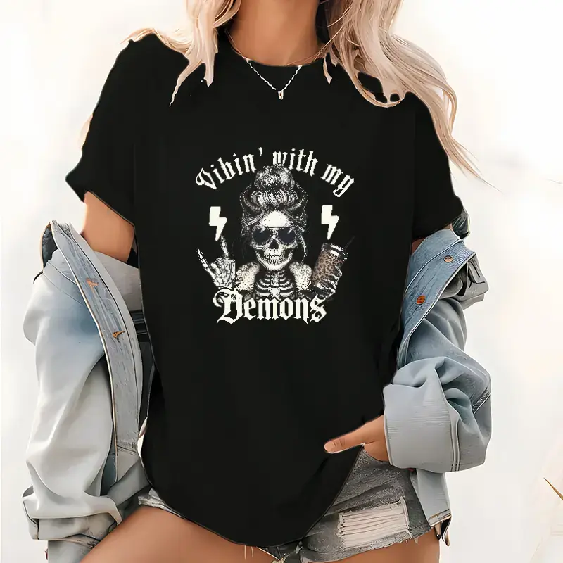 Men's Casual Short-Sleeve Gothic Skeleton Tee, Comfortable Streetwear Tops with Dark Humor Proverbs Prints - With My Demons Demon Shirt (Style1, James Men's Shop)