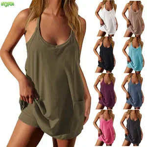 2 in 1 Built in Shorts Athletic Romper Dress for Women, Sleeveless Spaghetti Strap V Neck Mini Sundress with Side Pockets, Summer Tennis Workout Active Sports Mini Romper Dress , Ideal for Tennis, Workout, Gym, Travel,Beach vacation,Summervibes