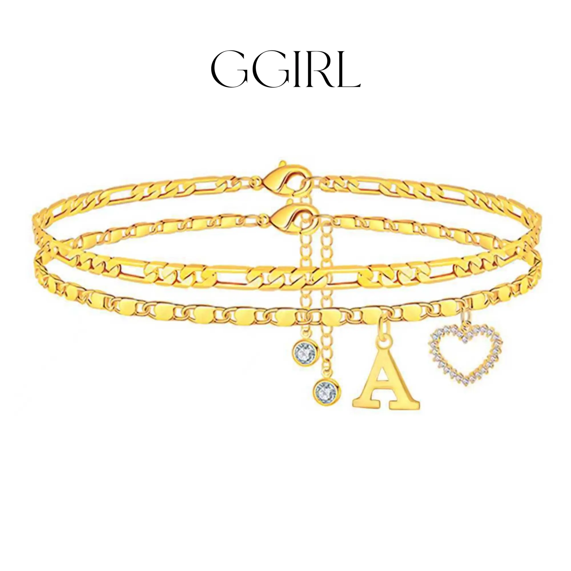 GGIRL 18K Gold Plated Zirconia Double-Layer Heart Shaped 26 Capital Initial Letter Figaro Chain Anklet Adjustable Rhinestone Pendant for Women, Fashion Jewelry Gift for Daily Wear Valentine’s Day Summer Beach Parties Holiday Birthdays Anniversaries