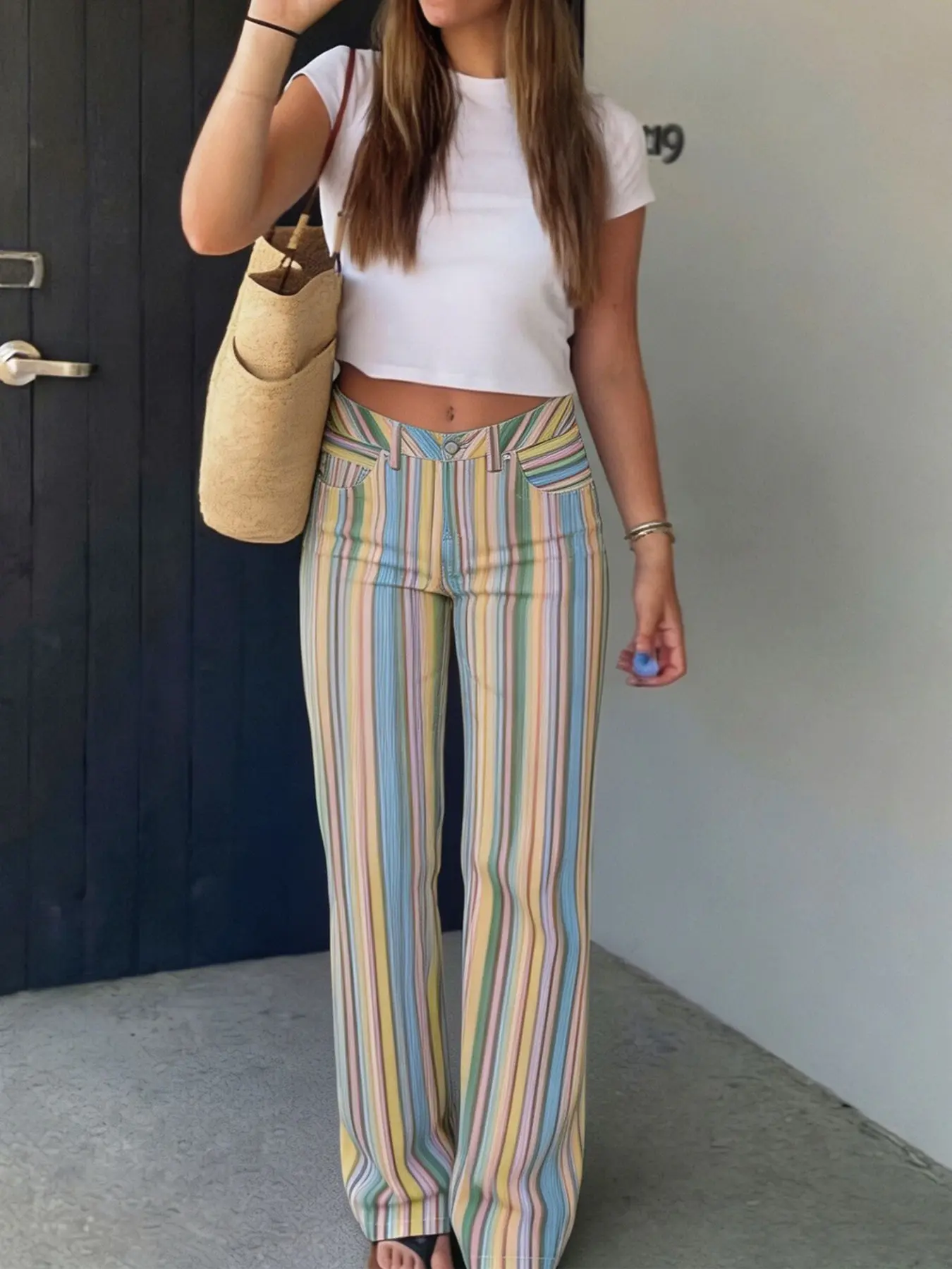 New Rainbow Striped Women's Pants Y2K Summer Casual Design Jeans Woman Trousers Streetwear Baggy Straight Leg Low Waist Long Pants Chic Trendy Colorful Wide Leg Pants