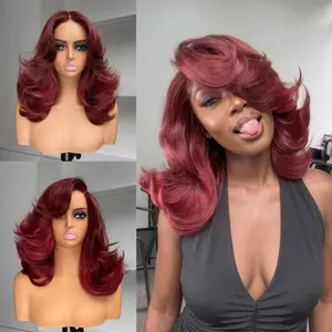 [Choppy Layers] Detroit Layers Summer Vibe Beginher Hair 18 inches Heat Resistance 200% Density Butterfly Cut Middle Part 4x4x1 T-Part Lace Synthetic Wear Go Beginner Pre Cut Glueless Wigs Ruby Red Color summerwins