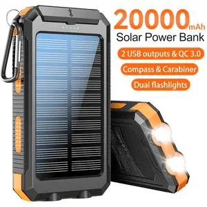 20000mAh Solar Power Bank,Portable Solar Charger with Dual USB-A Outputs, LED Flashlight, Fast Charging for iPhone/Android/Samsung, Portable Charger with Compass,Carabiner