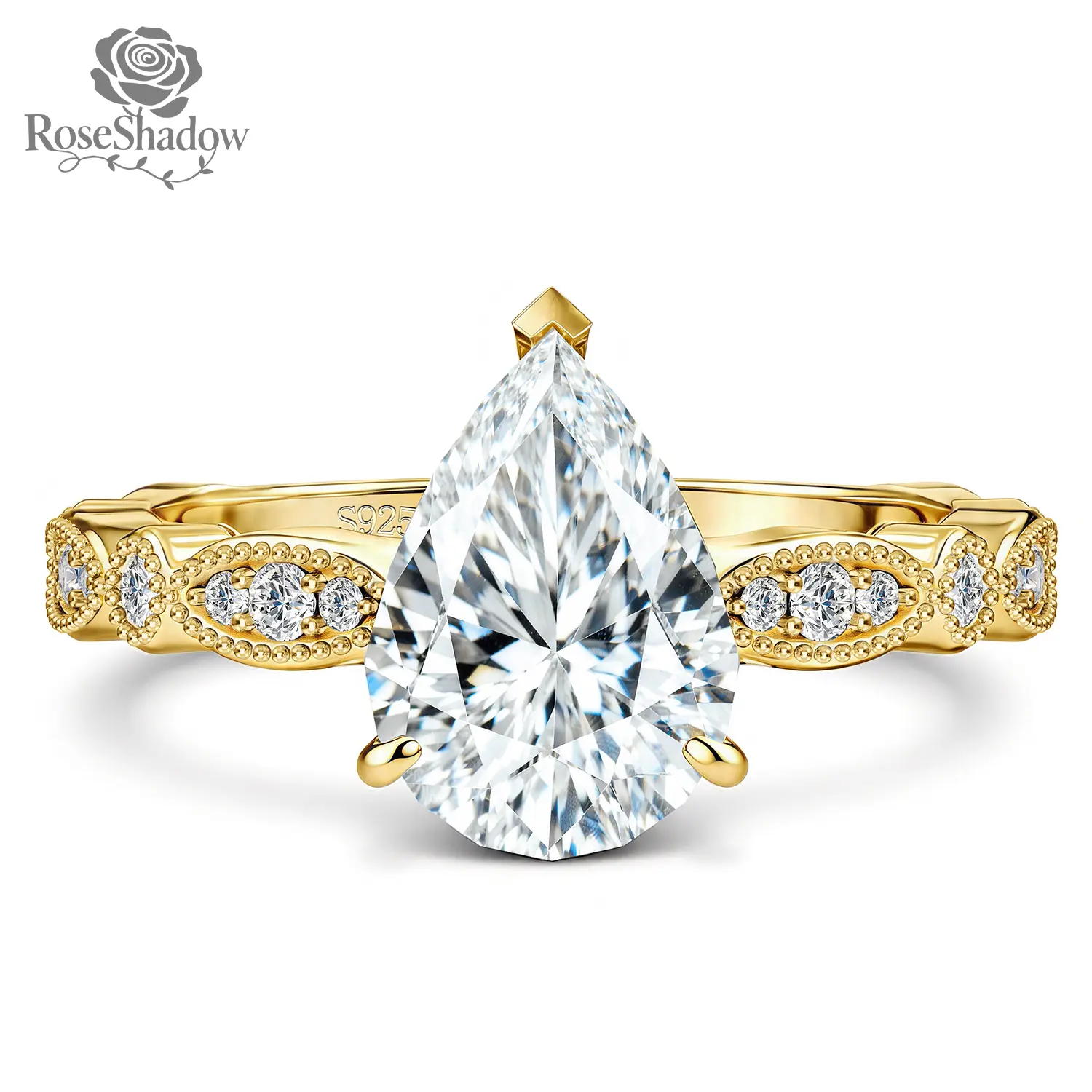 ROSESHADOW 2CT Moissanite Pear Cut Ring Vintag Anniversary Promise Wedding Engagement Ring 925 Sterling SilverGift for Her Women