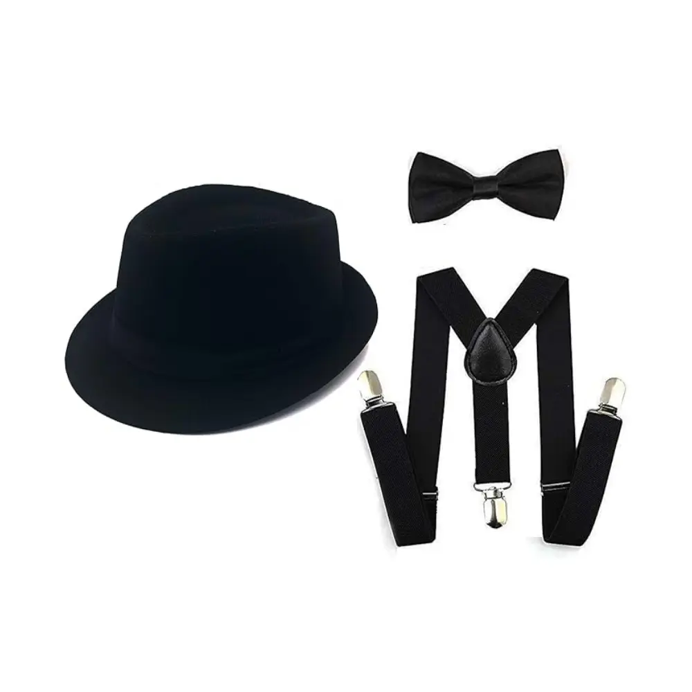Men's 1920s Roaring Twenties 3-Piece Black Leather Plain Set with Polyester Manhattan Gangster Hat, Y-Back Suspenders & Pre-Tied Bow Tie, Vintage Costume Accessories for Spring Style Upgrade