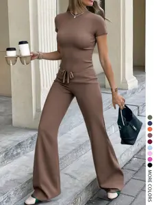 Women's Short Sleeve Top Long Pants Drawstring Casual Knit Set, Fitted Solid Color No Pocket Set, Elegant Style Summer Womenswear