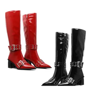 CYNLLIO Knee High Boots for Women Chunky Heel Pull on Buckle Design Shiny Patent Leather Tall Boots Comfy Side Zipper Costume Knight Booties