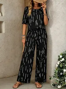 Women's 2-Piece Pants & Short-Sleeve Top Set - Abstract Striped Wide-Leg Pants, Summer Women's Loungewear Set for Home Use