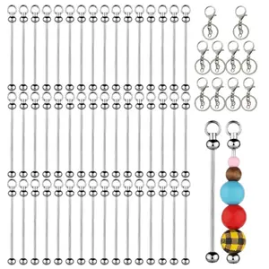 50Pcs Blank Beadable Keychain Bars with 10Pcs Hanging Loops, Metal DIY Bead Keychain Bar Charms Detachable Key Chain Making Accessories for Craft Project Pendant
