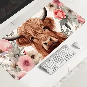 Highland Cow Floral Large-sized Gaming Mouse Pad,Desktop Protection Pad, Anti-slip Rubber Lock Edge High-definition Printing Suitable for Computers, Laptops, Offices, Homes, Schools, as a Gift for Family and Friends