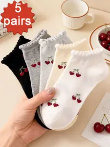 5 Pairs Cherry Print Ruffle Ankle Socks, Breathable Sweet Women's Socks, Ideal for Spring Summer Daily Wear, Cute Floral Pattern