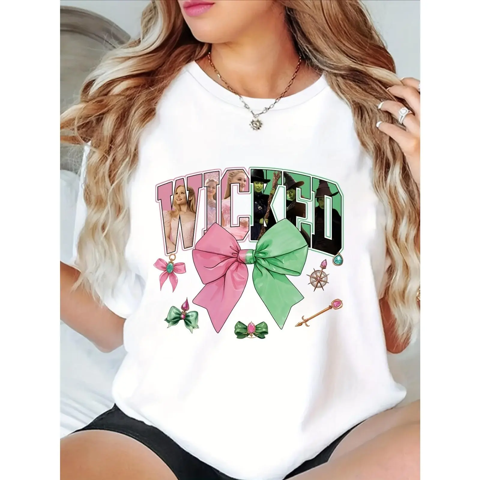 Women's Halloween Cotton T-Shirt - Playful "Wicked Witch" Graphic, Short Sleeve Round Neck, Fitted Comfortable Breathable Elastic, Streetwear, Available in a Variety of Sizes, Casual