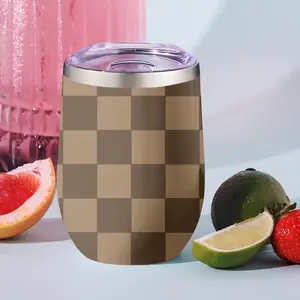 Brown Plaid Design Vacuum Flasks 12oz Insulated Wine Egg Tumbler with Lid - Double Wall Vacuum Stainless Steel Wine Glass and Coffee Mug - Thermal Cup for Champagne Cocktails Beer - Durable Travel Drinkware for Home Use