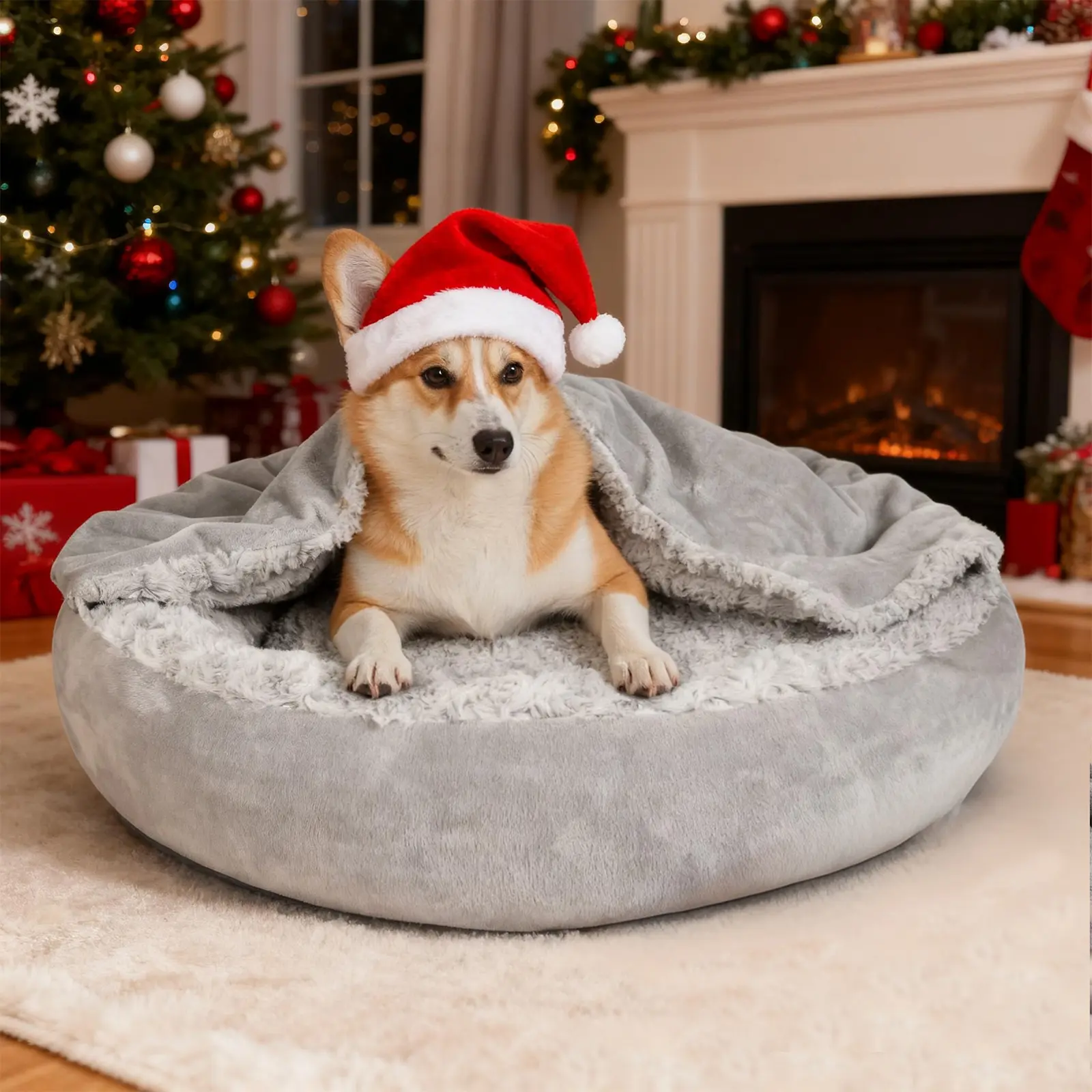 26-Inch Donut Cuddler Dog Bed for Small Dogs & Puppies, Cozy Anti-Anxiety Cave Bed with Attached Blanket, Non-Slip Bottom, Machine Washable, Puppy, Bedding