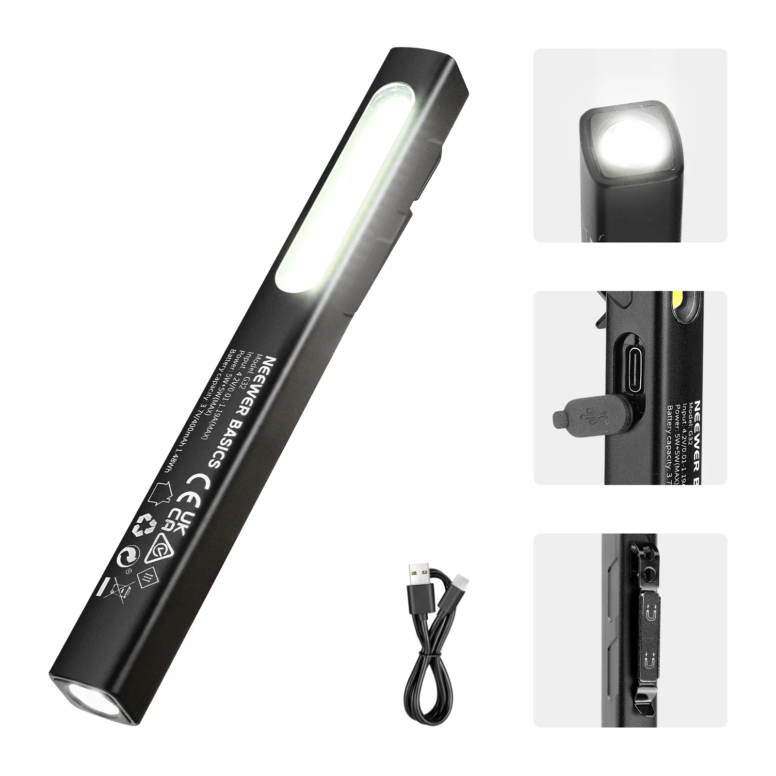 NEEWER G32 2-in-1 EDC Flashlight with Side COB Floodlight, 5W 388lm Mini Handheld Pocket LED Pen Flash Light with 400mAh Rechargeable Battery, Magnetic Clip On for Repair Camping Emergency Use tiktokshopbacktoschool